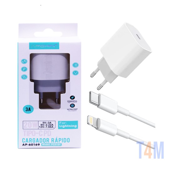 Carregador Apokin PC819Y 20W 3A com cabo Tipo-C para Lightning Branco